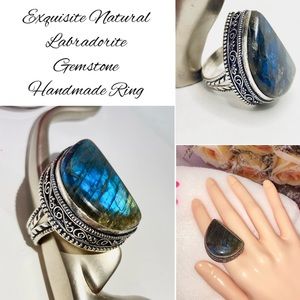 Huge Half Moon Labradorite Gemstone Handmade Ring